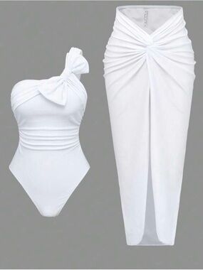 White Twist One-Shoulder Swimsuit & Sarong Set